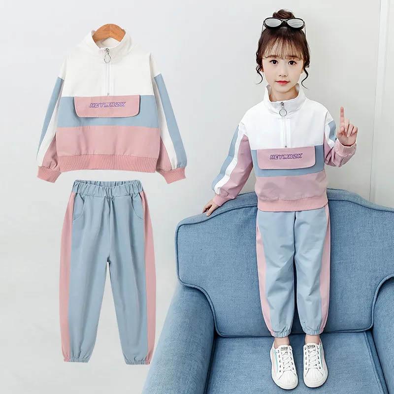 Girls Sports Suit Spring and Autumn Pullover Long Sleeve Contrast Color Design Two-piece Comfortable Casual Sports Suit