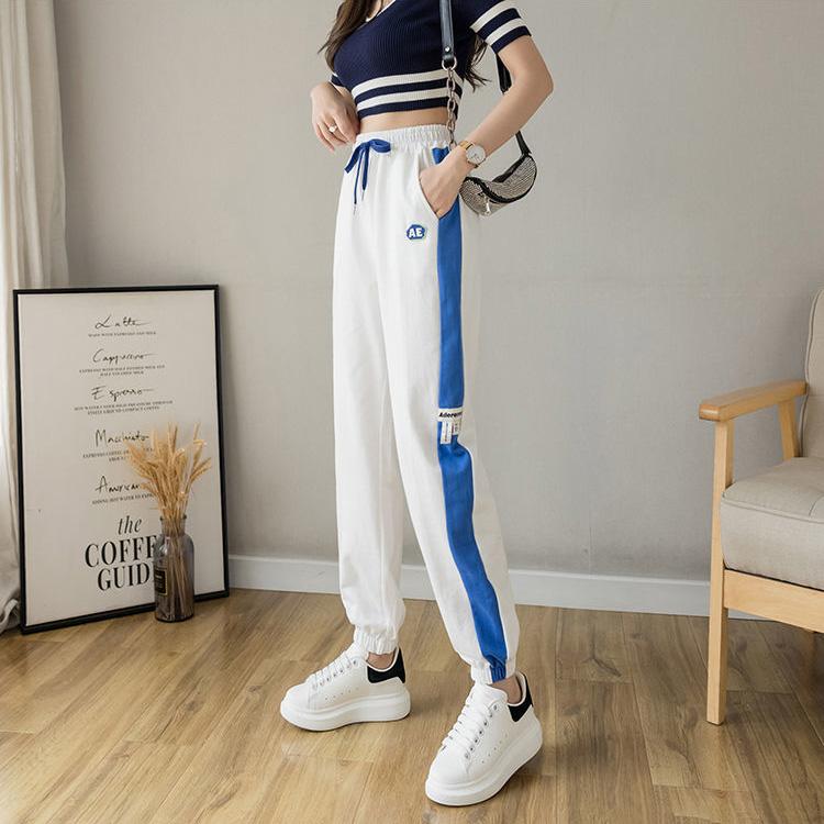 WTEMPO Stitching Stripes Sport Pants Elastic Waist Joggers Casyal Women Long Sweatpants Loose Casual Solid Color Baggy Trousers