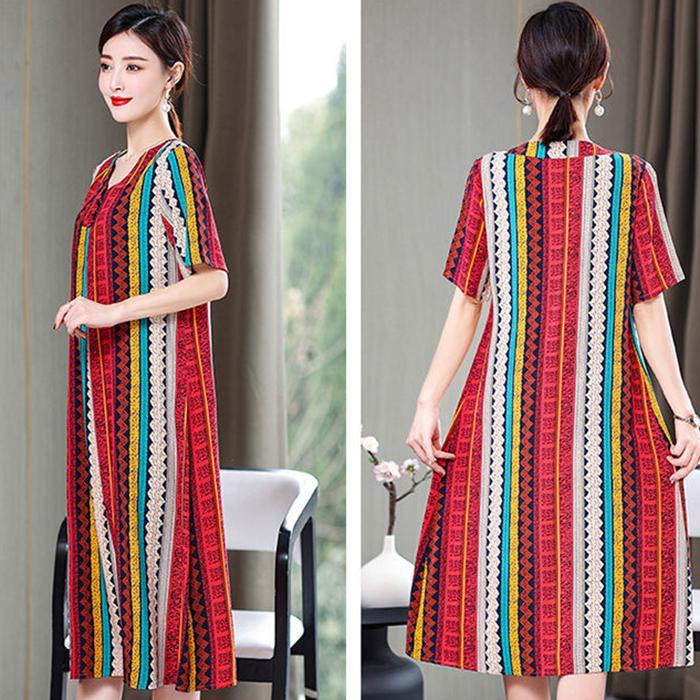 Loose Plus Size XL-XXXXXL Cotton Short-sleeved A-line V-neck Ruffle Dress Summer Printing Calf-length Skirt