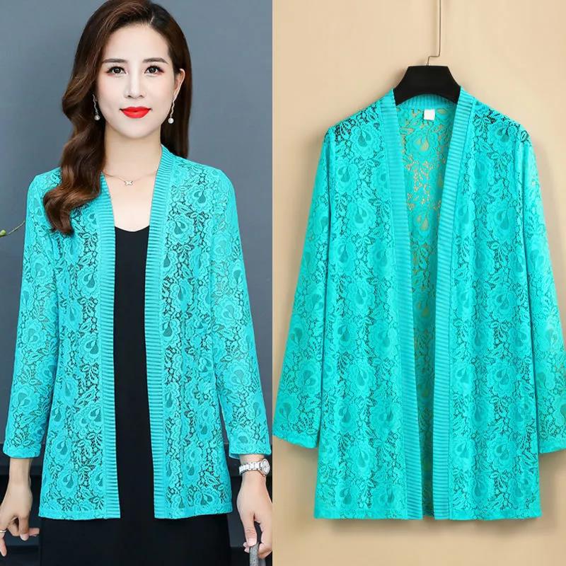 Summer Season Large Size Women's Clothing Mid-length Lace Cardigan Thin Coat Outside Long Sleeve Sun Protection Clothing