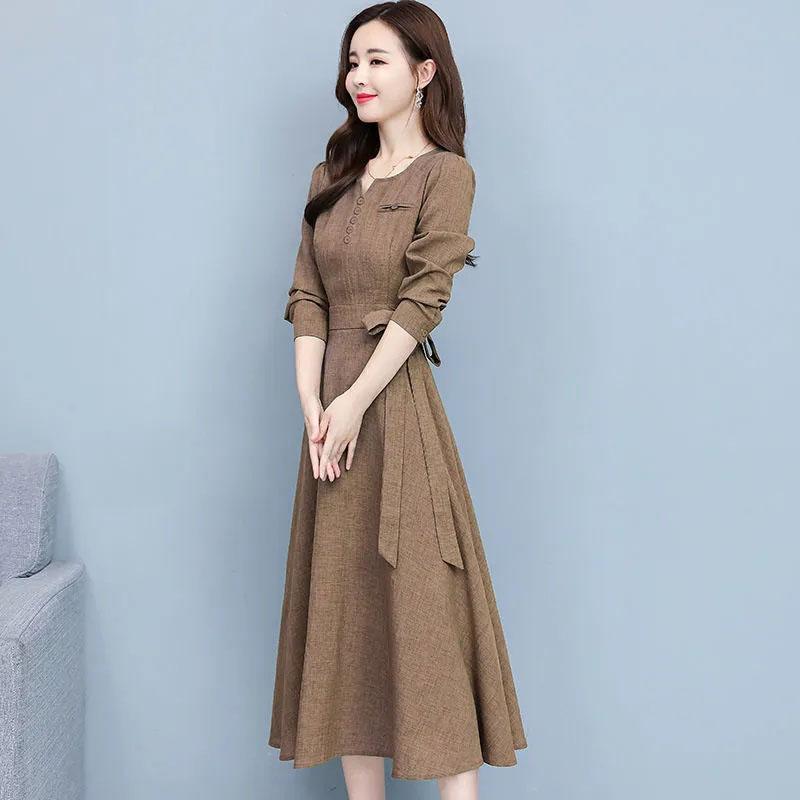 Long-sleeved Cotton Linen Dress Women's Spring Autumn Korean Noble Temperament Slim Fit Mid-length Dress V-neck Bow Tie A-line Skirt
