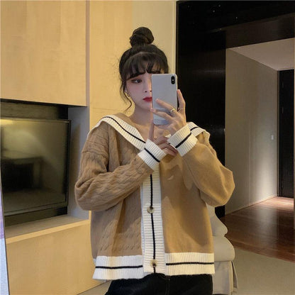 Autumn and Winter College Style Navy Collar Contrast Color Design Sense Outer Wear Loose Long-sleeved Knitted Sweater Women