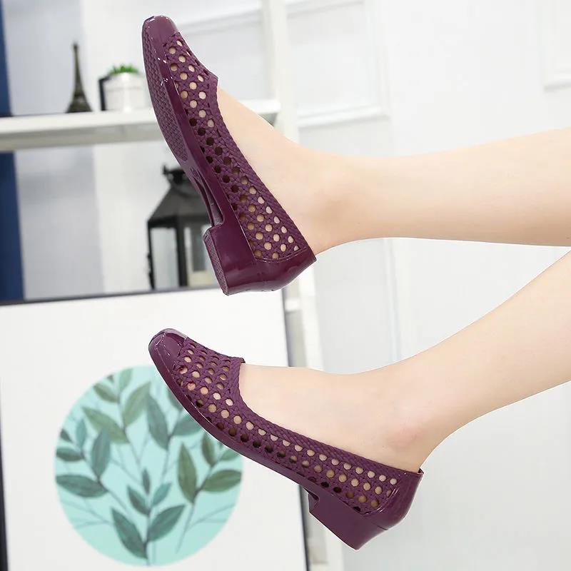 Sandals Ladies Hollow Soft Sole Casual Wear Hole Shoes Shallow Mouth Work Non-slip Beach Slope Heel Sandals and Slippers