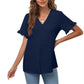 Spring and Summer Women's Casual Ruffled Short-sleeved V-neck Button-up Top European and American Solid Color Shirt