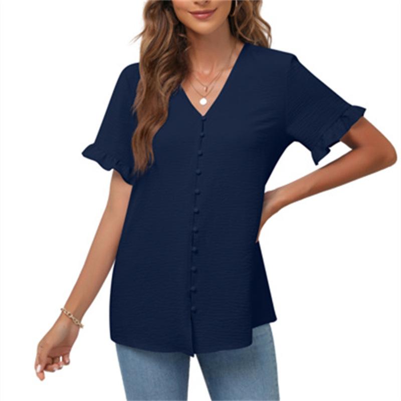 Spring and Summer Women's Casual Ruffled Short-sleeved V-neck Button-up Top European and American Solid Color Shirt