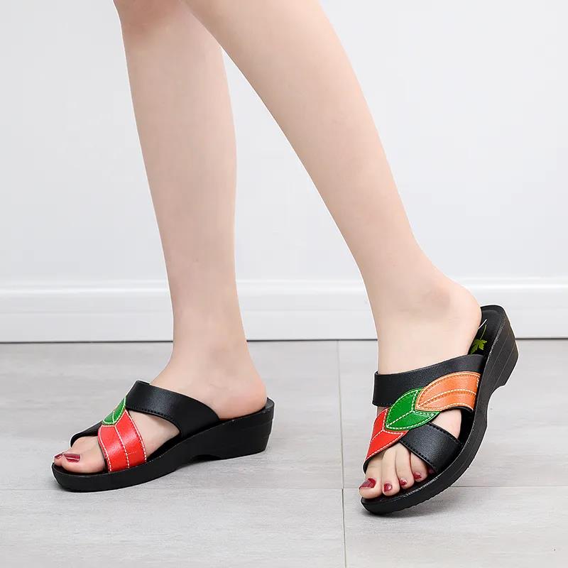 Thick Bottom Wedge Heel Sandals and Slippers Women's Outer Wear Non-slip Soft Sole Slippers Ladies Faux Oxford Leather Sandals and Slippers