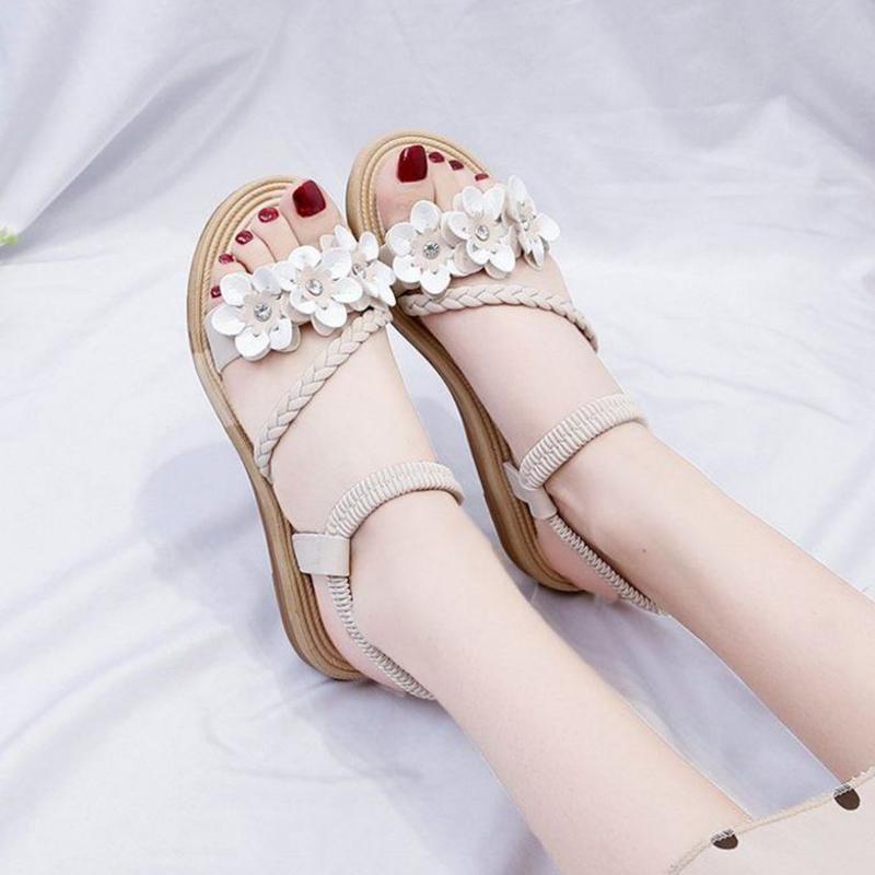 Summer Shoes Woman Sandals Elastic Ankle Strap Flat Flowers Gladiator Beach Sandals Ladies Flip Flops
