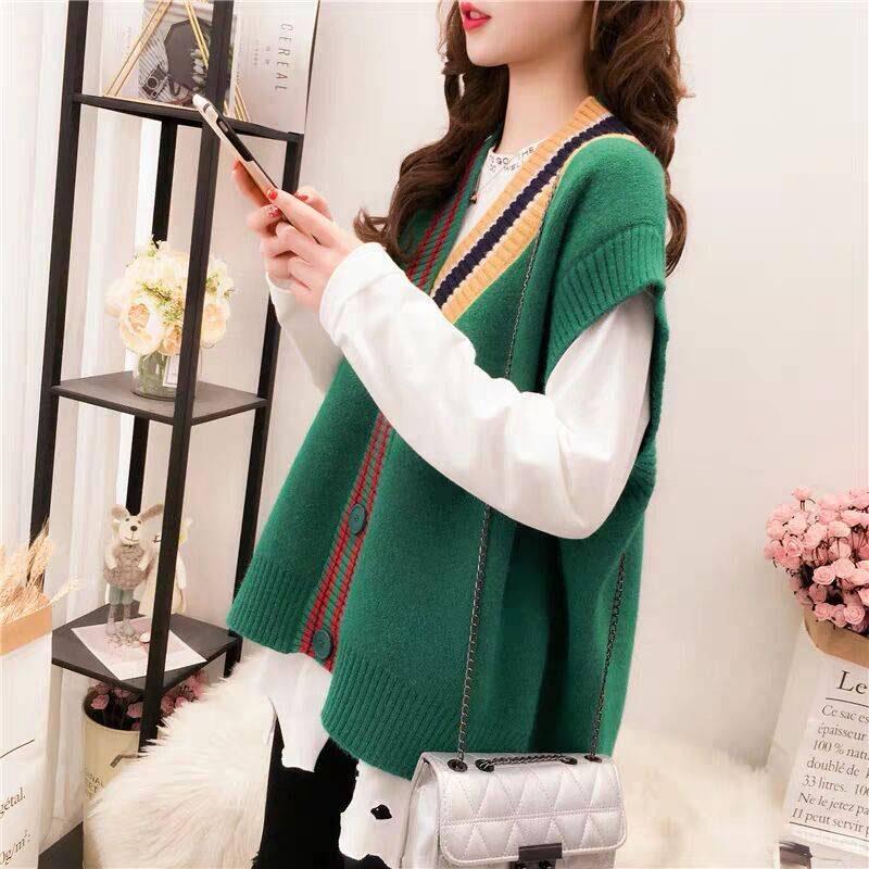 Knitted Sweater Women Vests Geometric V-Neck Sleeveless Cardigan Plus Size Loose Outerwear Vest