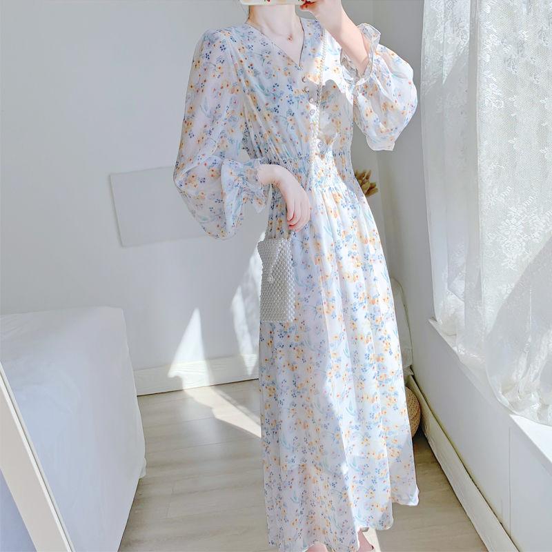 Sweet and Lovely Gentle Style Long Sleeve Long Skirt V-neck Chiffon Floral Dress Elegant Temperament Chiffon Fabric Light and Breathable