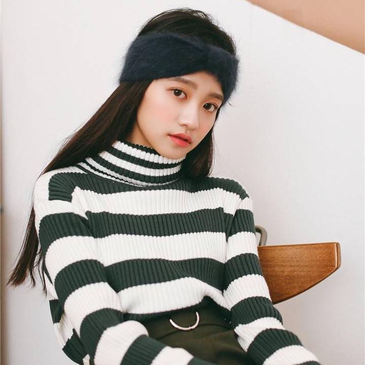 Turtleneck Bottoming Shirt Long-sleeved Slim Pullover Black and White Striped Short Sweater