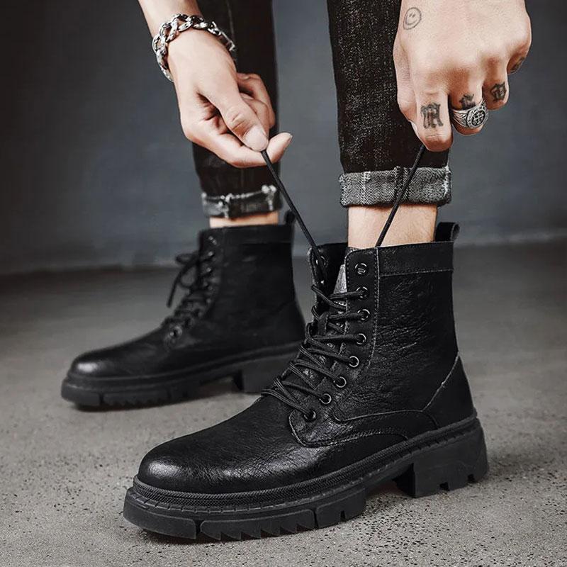 Men's Non-slip Autumn and Winter Martin Boots Net Red Ins Tooling Boots Korean Version of The British Style Black Boots Microfiber Leather Shoes