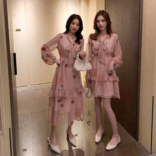 Floral Print V-Neck Casual Dress Women 2020 Summer Long Sleeve A Line High Waist Trapeze Dresses