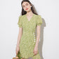 Female Vintage Elegant Short Green Daisy Print Holiday Dress Bubble Sleeves Short Slim Party Dress