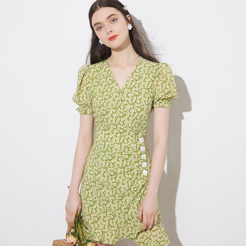 Female Vintage Elegant Short Green Daisy Print Holiday Dress Bubble Sleeves Short Slim Party Dress