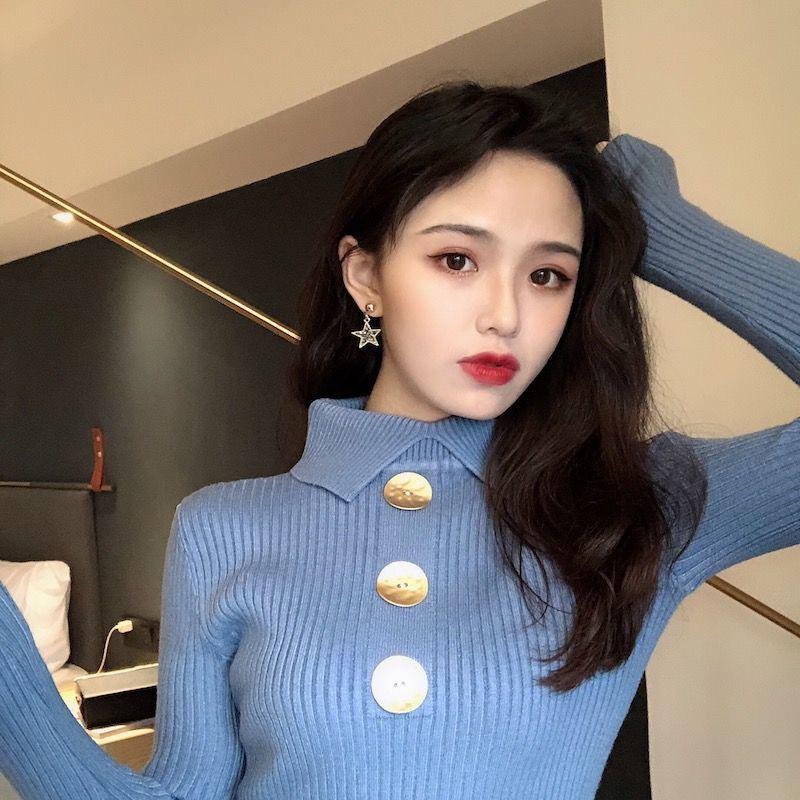 Lapel Knit Sweater Long-sleeved Bottoming Shirt Autumn and Winter Women's Korean Version of The Wild Slim Slimming Inner Style Sweater Women