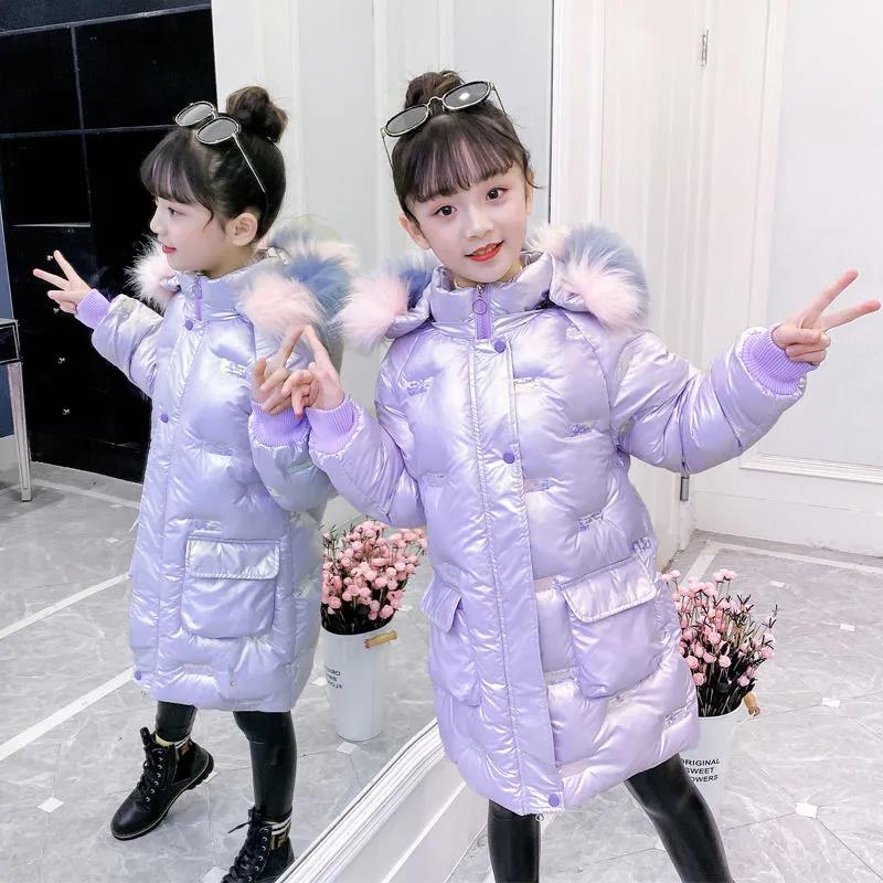 Girls' Winter Cotton-padded Clothes Children's Plus Velvet and Thick Mid-length Down Coat Bright and Wash-free Cotton-padded Jackets