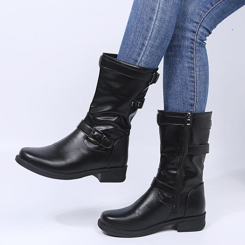 35-43 Plus Size Boots for Women Black Leather Mid-calf Boots Womans Flat Shoes Winter Snow Botas Fashion Designer Retro