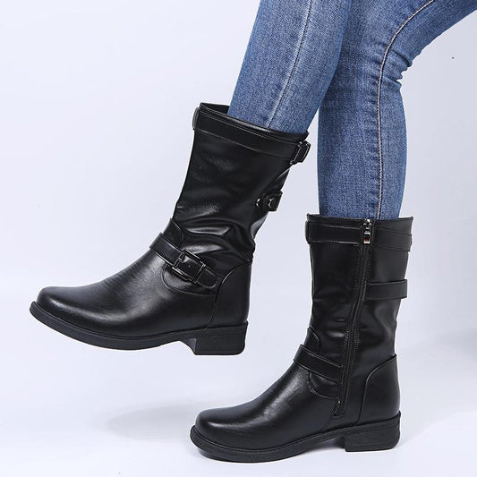 35-43 Plus Size Boots for Women Black Leather Mid-calf Boots Womans Flat Shoes Winter Snow Botas Fashion Designer Retro