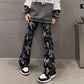 American Retro HIPHOP Printed Jeans Men and Women Hip Hop High Waist Loose Straight Micro-hm Pants