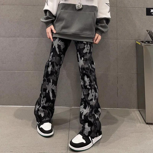 American Retro HIPHOP Printed Jeans Men and Women Hip Hop High Waist Loose Straight Micro-hm Pants