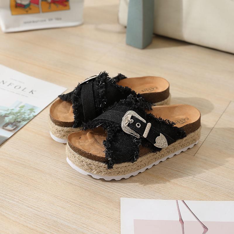 Summer Women's Shoes Handmade Hemp Rope Drag Sandals Cross Denim Increased Thick Bottom All-match Retro Popular Fashion Slippers