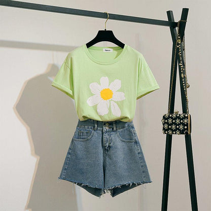 Pofulove Women Shorts Set Summer Embroidered Shirt Short Sleeve T-shirt High WaistRipped Denim Shorts 2 Piece Set for Teen Girl