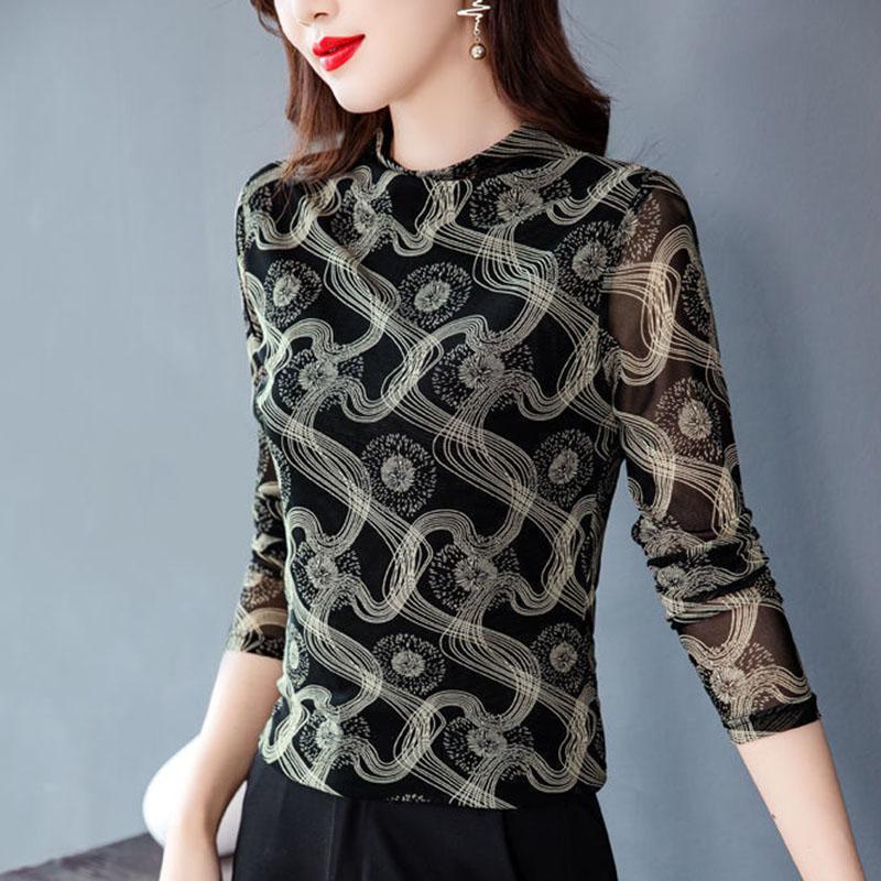 Women's Spring and Autumn Long-sleeved V-neck Slim Bottoming Shirt Printed Top