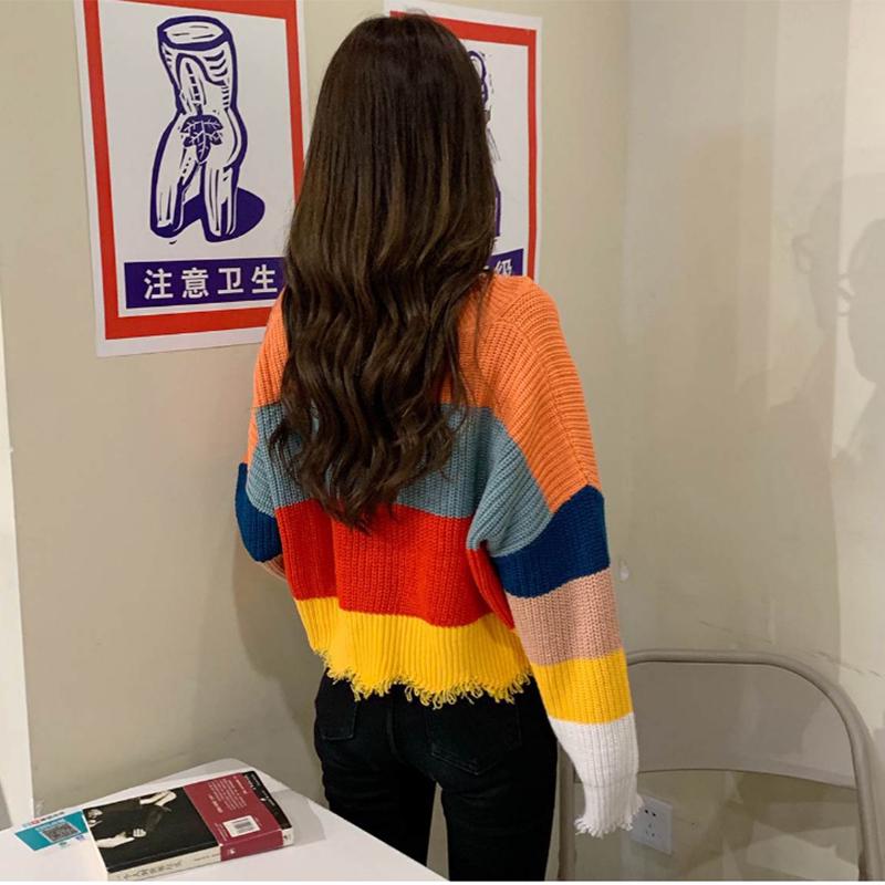 Pofulove loose sweater rainbow striped color matching striped fringe student short sweater women