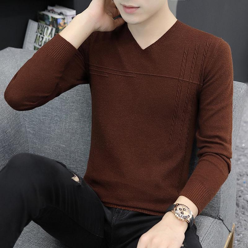 V-neck Sweater Men's Slim Type Autumn and Winter Bottoming Shirt Thin Section Korean Low-neck Sweater Seamless Sweater