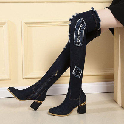 Denim stretch boots women's spring and autumn slim-fit knee-high boots high-heeled boots