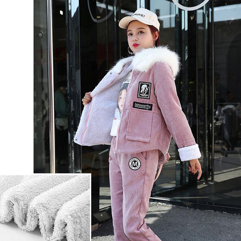 2pcs/set Winter Parka Women Fleece Liner Hooded Parka Coat+ Pant Two-piece Set Ladies Causual Warm Jacket   Outwear Outfits