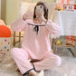 Women's Autumn Winter Coral Fleece Pajamas Set Cute Bow Square Collar Thickened Flannel Homewear Suit Loose Striped Pyjamas Pants Two-piece Set