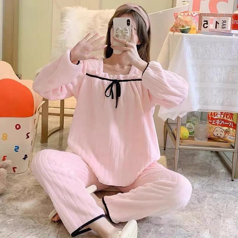 Women's Autumn Winter Coral Fleece Pajamas Set Cute Bow Square Collar Thickened Flannel Homewear Suit Loose Striped Pyjamas Pants Two-piece Set