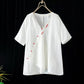 Women's Summer Cotton Linen Short Sleeve Top Embroidered Loose Versatile V-Neck T-Shirt