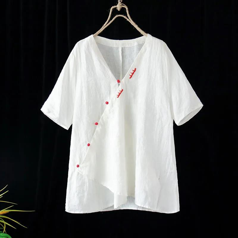 Women's Summer Cotton Linen Short Sleeve Top Embroidered Loose Versatile V-Neck T-Shirt