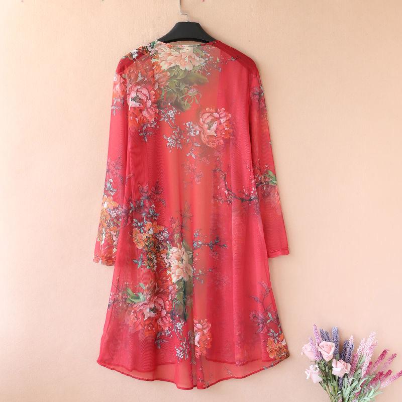 Women's Sun-Dress 1pcs Chiffon Cardigan Flowers Sun Protection Clothing Mid-length Plus Size Loose Outer Thin Coat Beach Air-conditioned Rooms