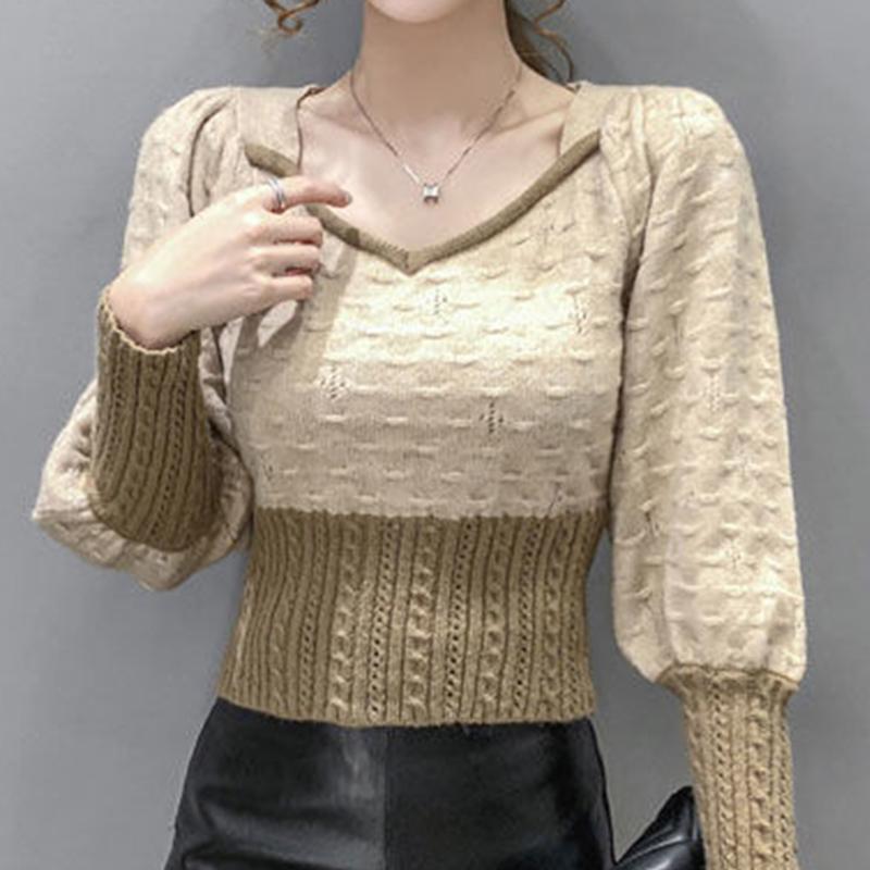 Autumn Winter Long-sleeved Pullover V-neck All-match Sweater with Knitted Tops for Women Slim Fit