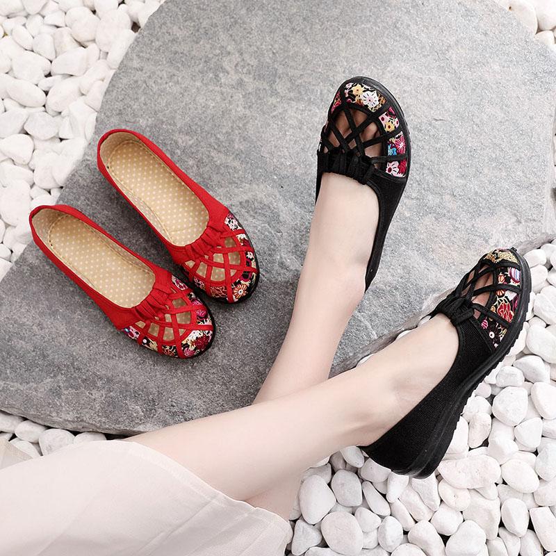 Summer Old Beijing Cloth Shoes Women's Net Shoes Single Shoes Hollow Non-slip Soft Bottom Middle-aged and Elderly Mother Shoes Pedal Sandals Women