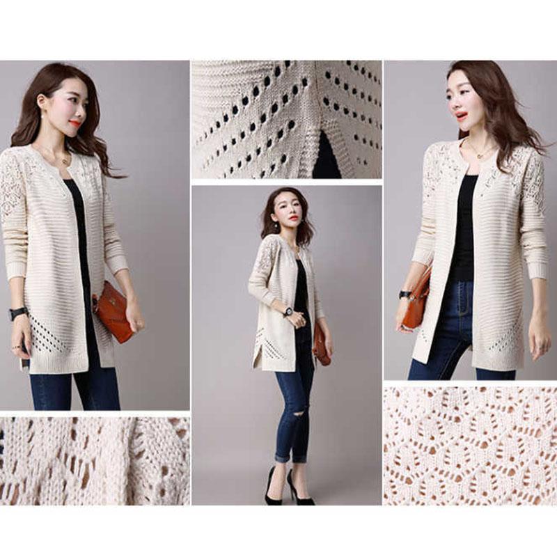 Spring and Autumn Mid-length Sweater Knitted Cardigan Hollow Top Solid Color All-match Female Jacket