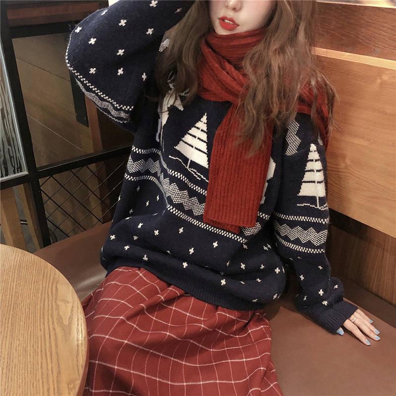 Pofulove Autumn Winter Students Hedging Loose Thicken Outer Wear Christmas Knitted Sweater Women