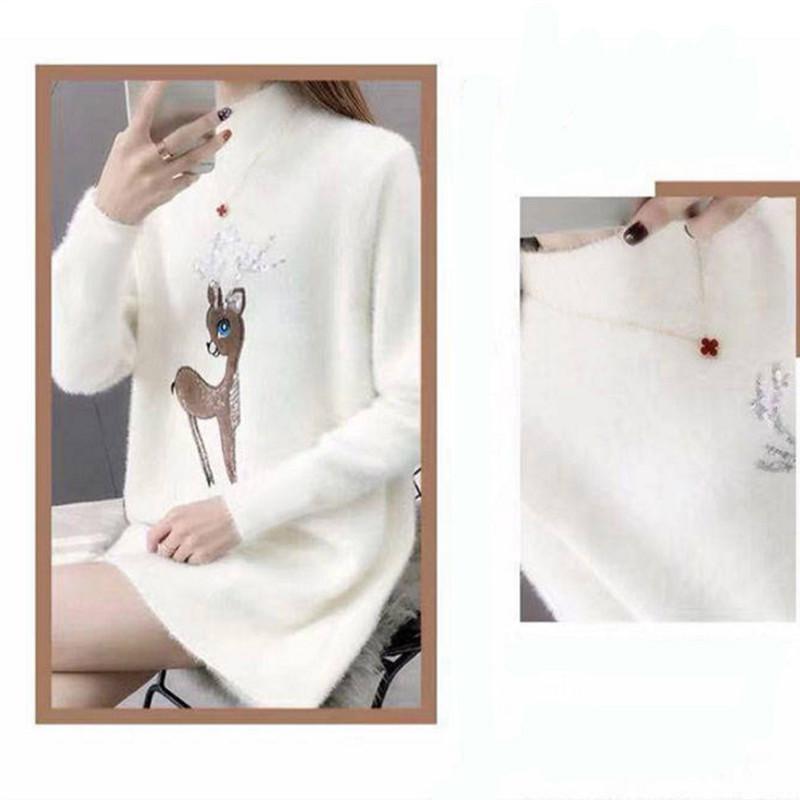 Ofulove Plus Velvet Knitted Medium Long Slim Half Turtleneck Quality Fawn Embroidery Winter
