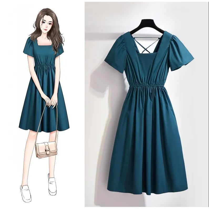 Dress Women's Spring Summer Plus Size Casual Solid Color Dress Square Collar Short Sleeve Open Back Cotton All-match