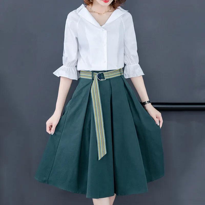 Cotton Shirt Skirt Suit Summer Simple Sweet Two-piece Set V-neck Lotus Leaf Sleeve Top Large Hem A-line Skirt Casual Skirt Suit Large Size
