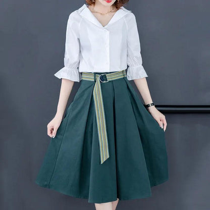 Cotton Shirt Skirt Suit Summer Simple Sweet Two-piece Set V-neck Lotus Leaf Sleeve Top Large Hem A-line Skirt Casual Skirt Suit Large Size