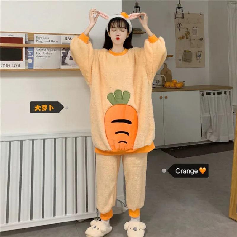 Women's Autumn Winter Flannel Pajamas Set Warm Plus Velvet Thickening Cute Cartoon Carrot Coral Fleece Two-piece Suit Leisure Loose Homewear