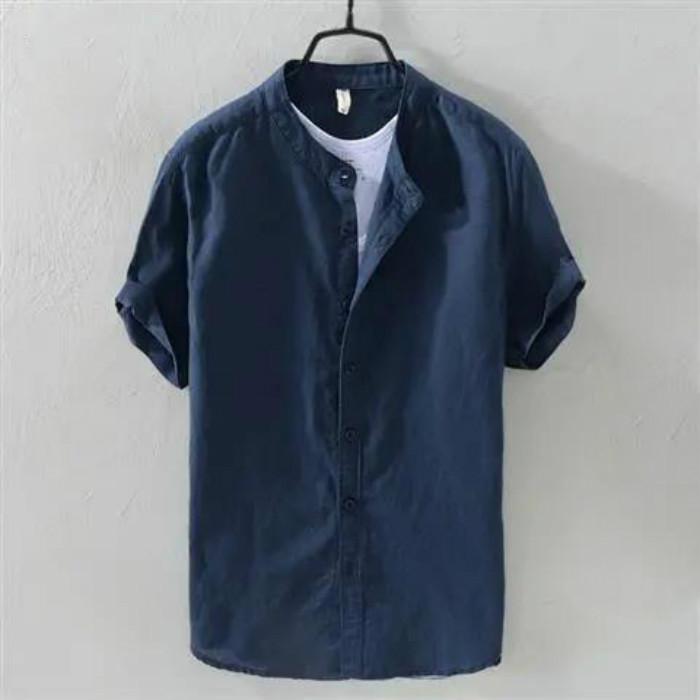 Linen Shirt Men's Short-sleeved Stand-up Collar Summer Thin Loose Cotton and Linen White Shirt Men's Small Fresh Casual Shirt Men