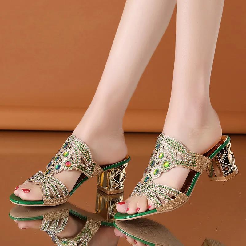 Summer Rhinestone High-heeled Slippers Ladies Sexy Outer Wear Thick-heeled Shoes