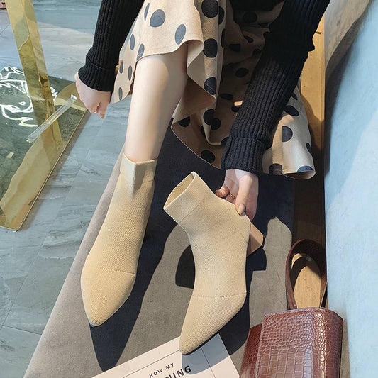Flock Ankle Boots Women for Autumn Winter Fashion Pointed Toe Heel Woman Chelsea Boots Plus Size
