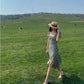 Women's Spring and Summer Bubble Sleeves Over Knee Square Neck Waist Temperament Thin Sexy Split Green Flower Dress