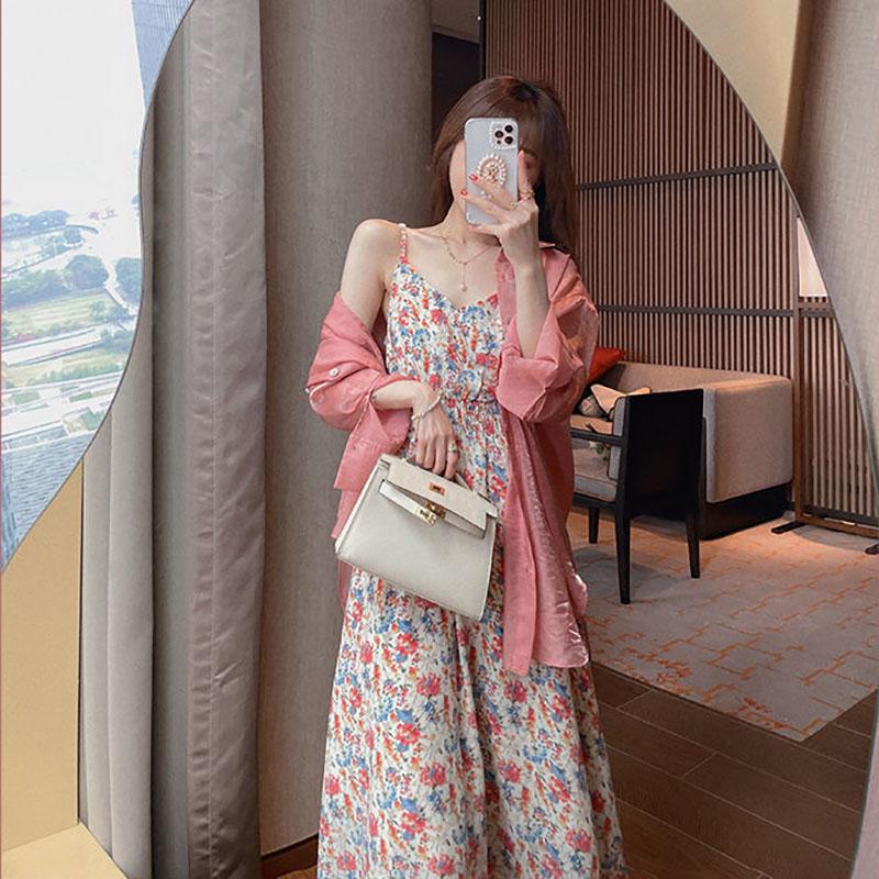 Sweet Tea Girl Chiffon Floral Sling Dress Summer Vacation Style Long Gentle Style Dress